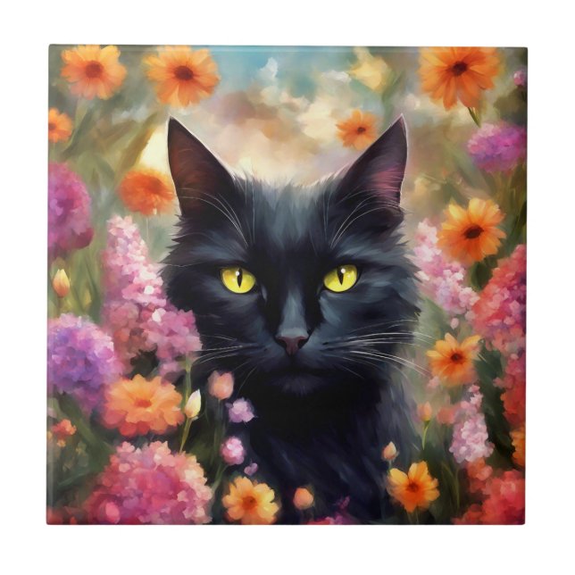 Black Cat Flowers Garden Cat 736 Ceramic Tile (Front)