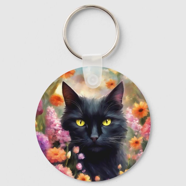 Black Cat Flowers Garden Cat 736 Key Ring (Front)