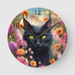 Black Cat Flowers Garden Cat 736 Round Clock