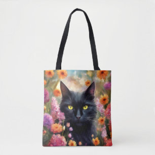 Black Cat Flowers Garden Cat 736 Tote Bag