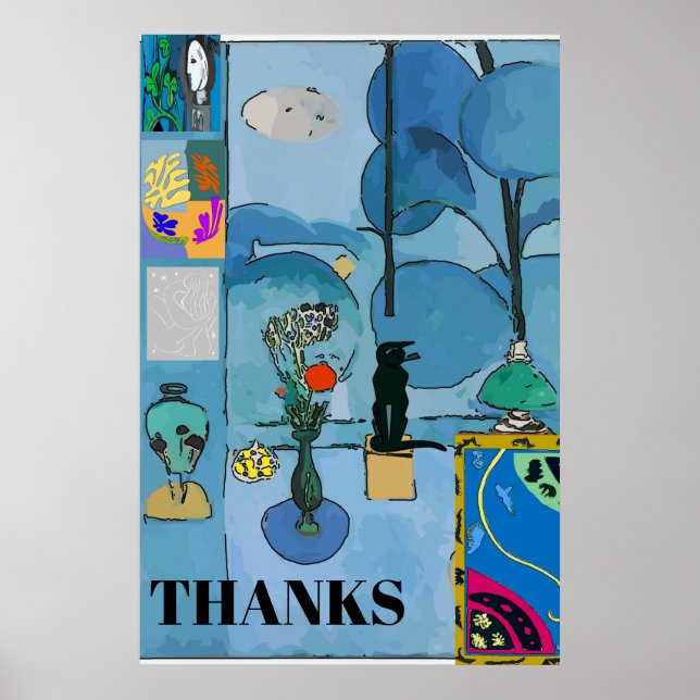 Black Cat & Flowers In Blue Room, add text Poster (Front)