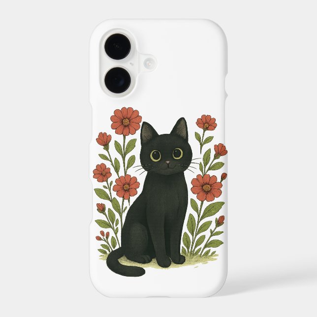 Black Cat & Flowers iPhone 17 Case (Back)