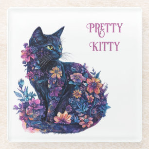 Black Cat Flowers Pretty Kitty Glass Coaster