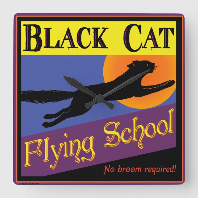Black Cat Flying School Halloween Clock (Front)