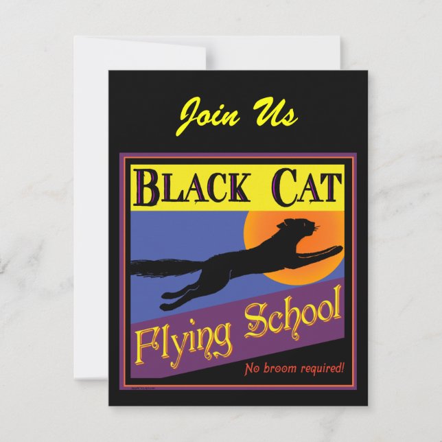 Black Cat Flying School Halloween Invitations (Front)