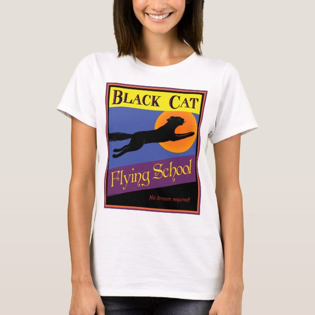 Black Cat Flying School Retro Halloween T-shirt (Front)