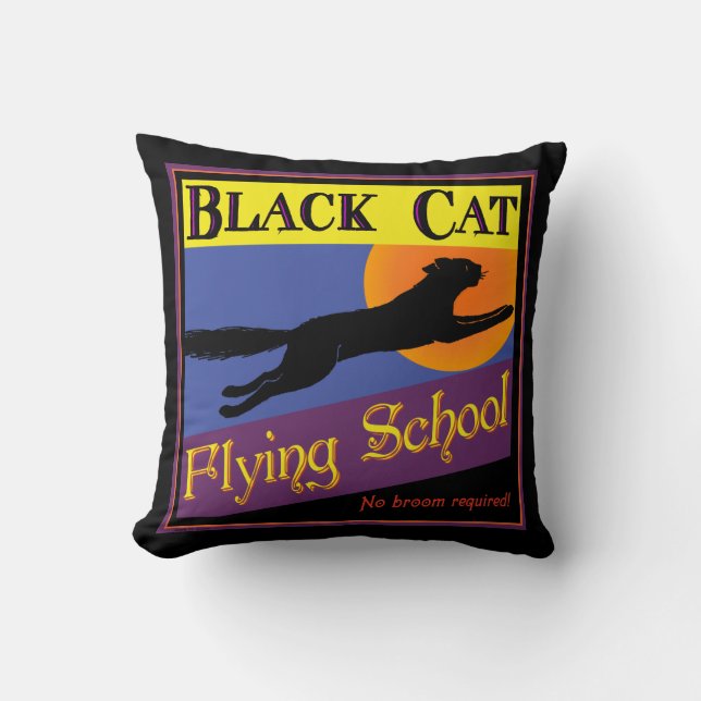 Black Cat Flying School Retro Pillow (Front)