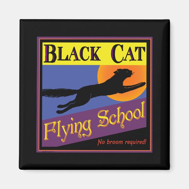 Black Cat Flying School Vintage Halloween Art Magnet (Front)