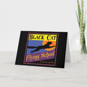 Black Cat Flying School Vintage Halloween Card
