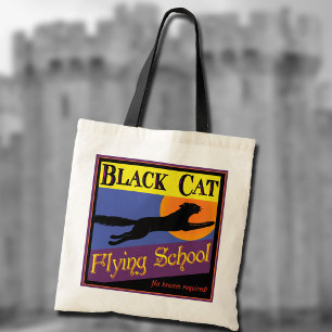 Black Cat Flying School Vintage Halloween Tote Bag