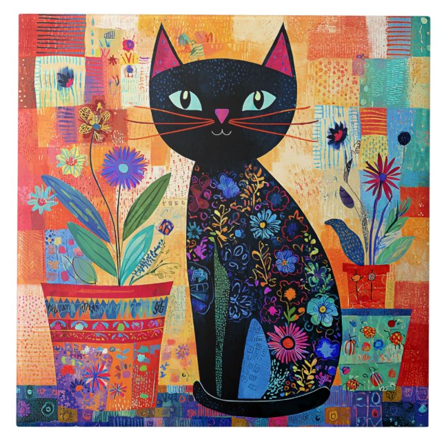 Black Cat Folk Art Ceramic Tile (Front)