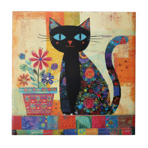 Black Cat Folk Art Ceramic Tile