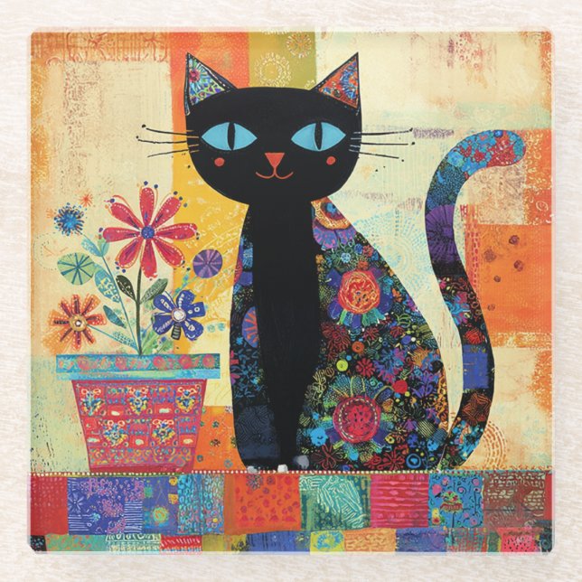 Black Cat Folk Art Glass Coaster (Front)