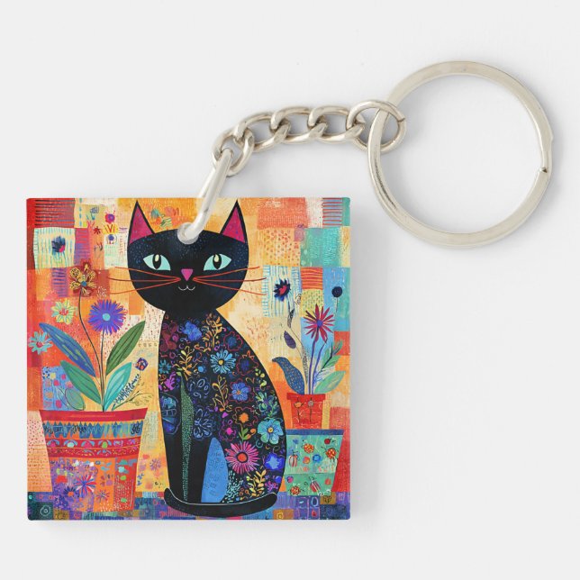 Black Cat Folk Art Key Ring (Back)