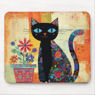 Black Cat Folk Art Mouse Pad