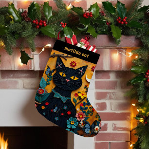 Black Cat Folk Art Pet Christmas Stocking