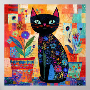 Black Cat Folk Art Poster