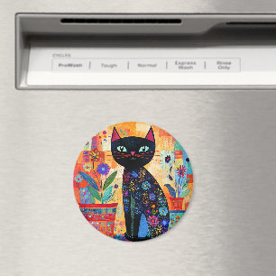 Black Cat Folk Art (Potted Plants) Magnet