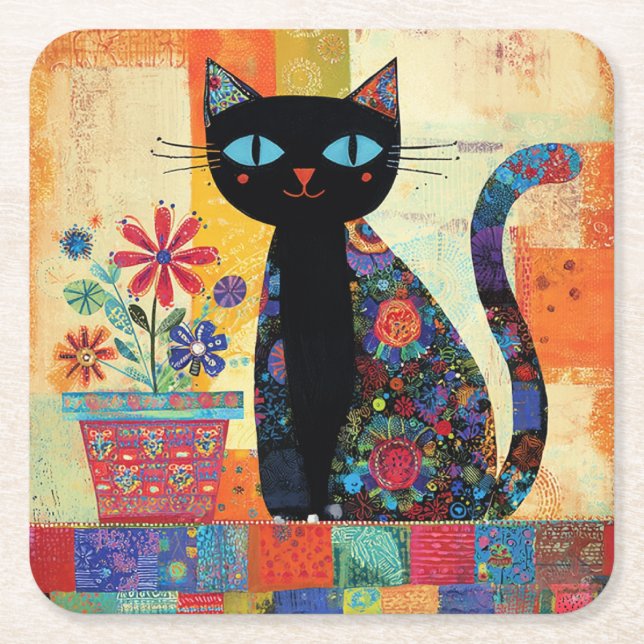 Black Cat Folk Art Square Paper Coaster (Front)