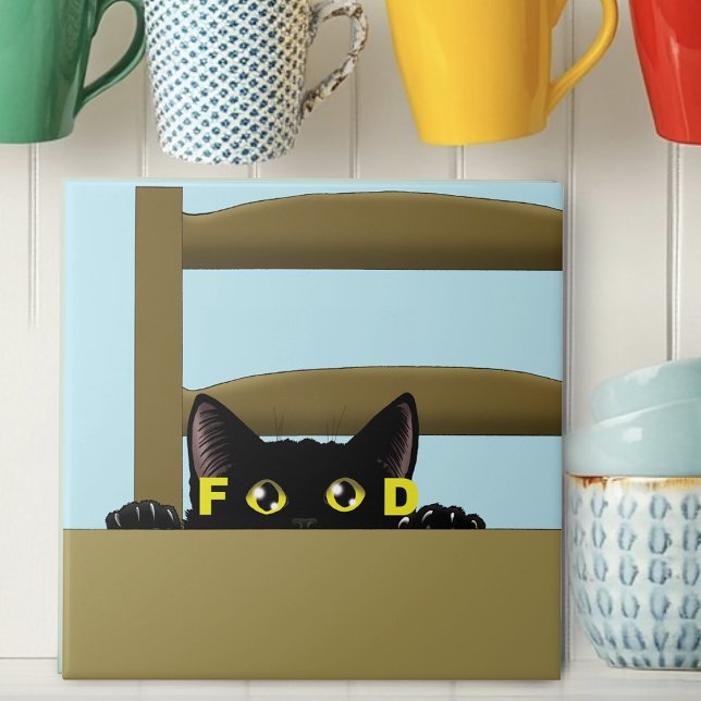 Black Cat Food Funny Hungry Kitty Humour Ceramic Tile (Creator Uploaded)