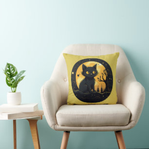 Black Cat Forest Jack-O' Lantern Gold Halloween Cushion