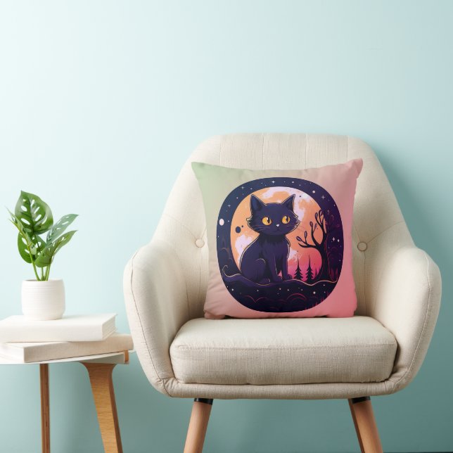 Black Cat Forest Jack-O' Lantern Pink Halloween Cushion (Chair)