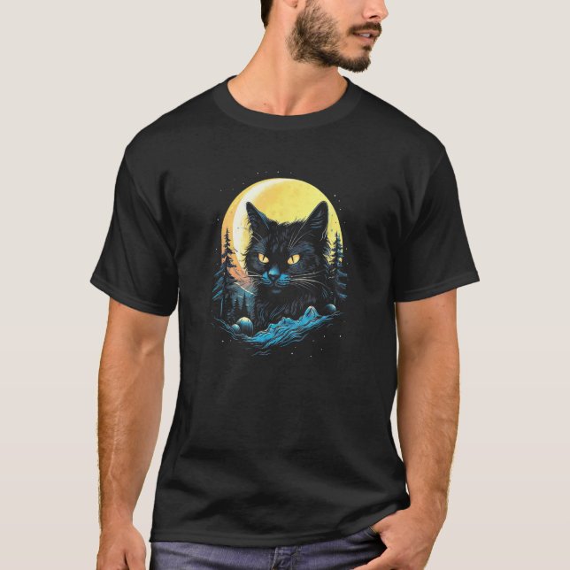 Black Cat Forest Moon Mystical Black Cat T-Shirt (Front)
