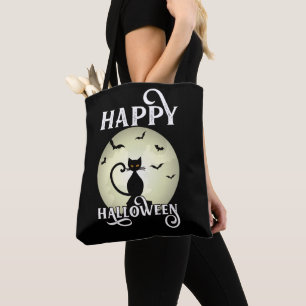 Black Cat Full Moon Bats Happy Halloween Tote Bag