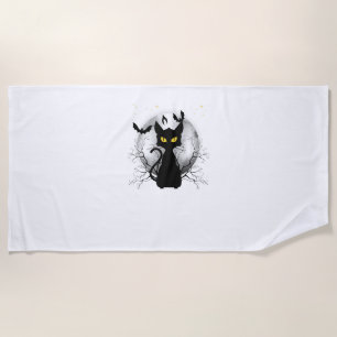 Black Cat Full Moon Bats & Starry Night Halloween  Beach Towel