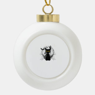 Black Cat Full Moon Bats & Starry Night Halloween Ceramic Ball Christmas Ornament