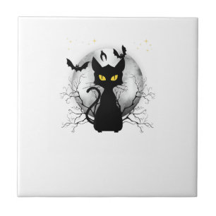Black Cat Full Moon Bats & Starry Night Halloween Ceramic Tile
