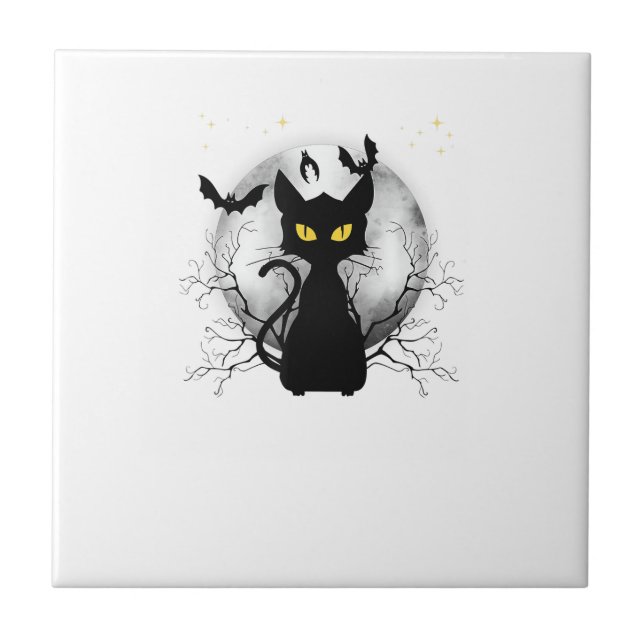 Black Cat Full Moon Bats & Starry Night Halloween  Ceramic Tile (Front)