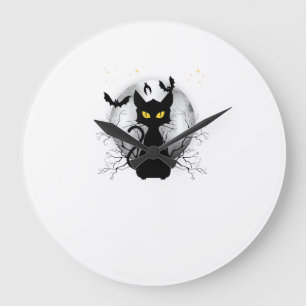 Black Cat Full Moon Bats & Starry Night Halloween Large Clock