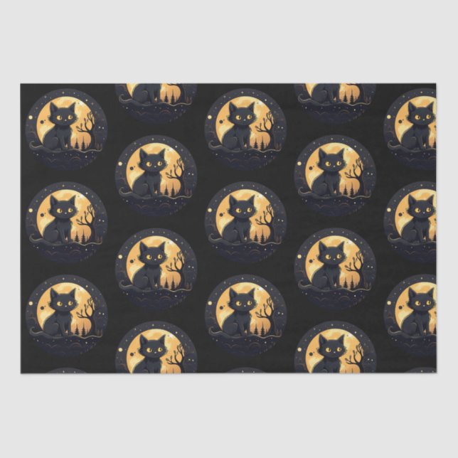Black Cat Full Moon Celestial Black Halloween Tissue Paper (Front)