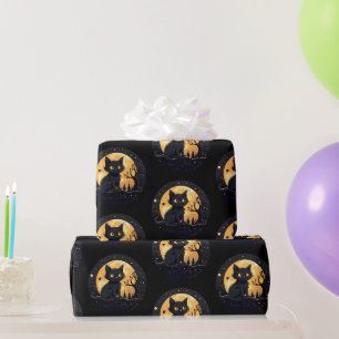 Black Cat Full Moon Celestial Black Halloween Wrapping Paper