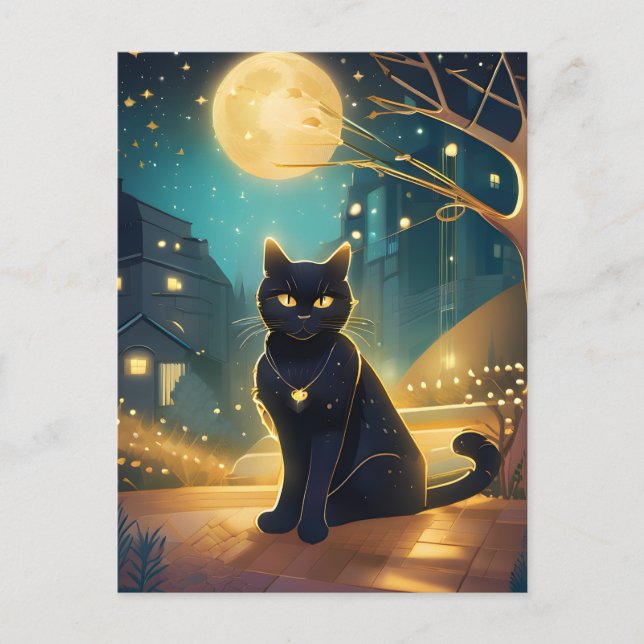 Black Cat Full Moon City Postcard (Front)