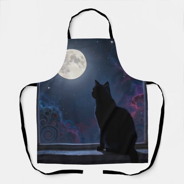Black Cat Full Moon Galaxy Window Scene Apron (Front)