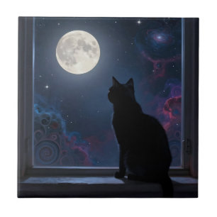 Black Cat Full Moon Galaxy Window Scene Ceramic Tile