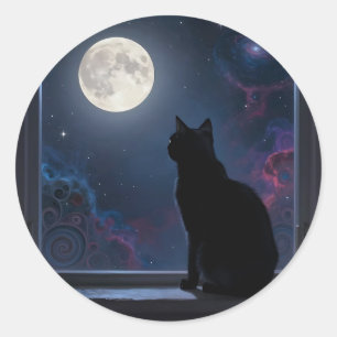 Black Cat Full Moon Galaxy Window Scene Classic Round Sticker