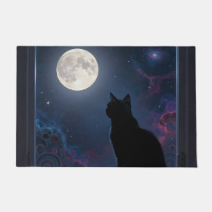 Black Cat Full Moon Galaxy Window Scene Doormat