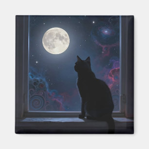 Black Cat Full Moon Galaxy Window Scene Magnet