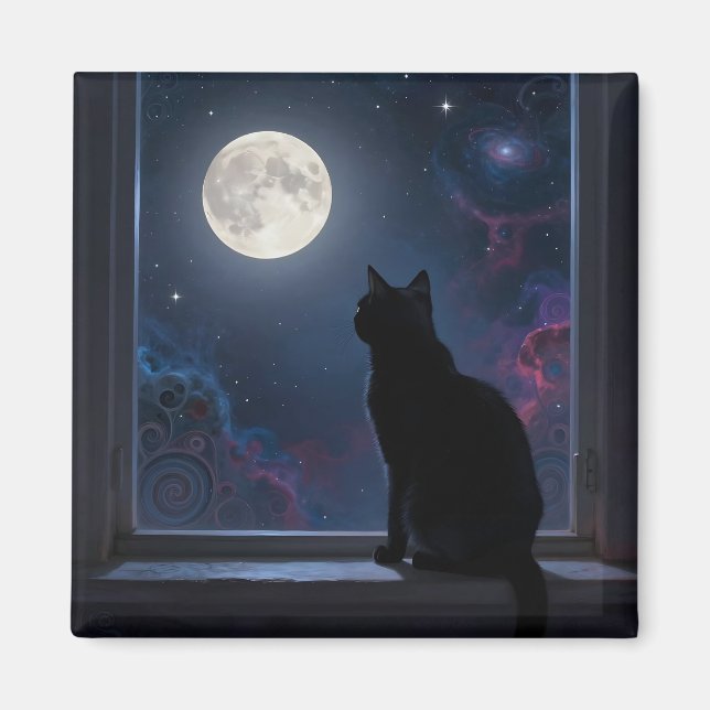 Black Cat Full Moon Galaxy Window Scene Magnet (Front)