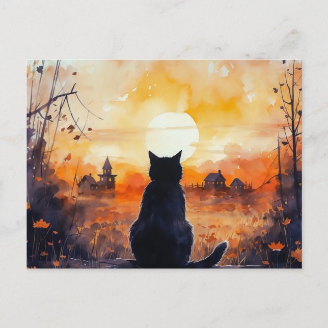 Black Cat Full Moon Leaves Country Halloween Holiday Postcard (Front)