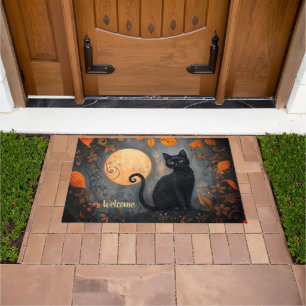 Black Cat Full Moon Ornate Halloween Welcome Doormat