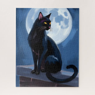 Black Cat Full Moon Pet Painting Jigsaw Puzzle