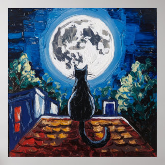 Black Cat Full Moon Rooftop Poster