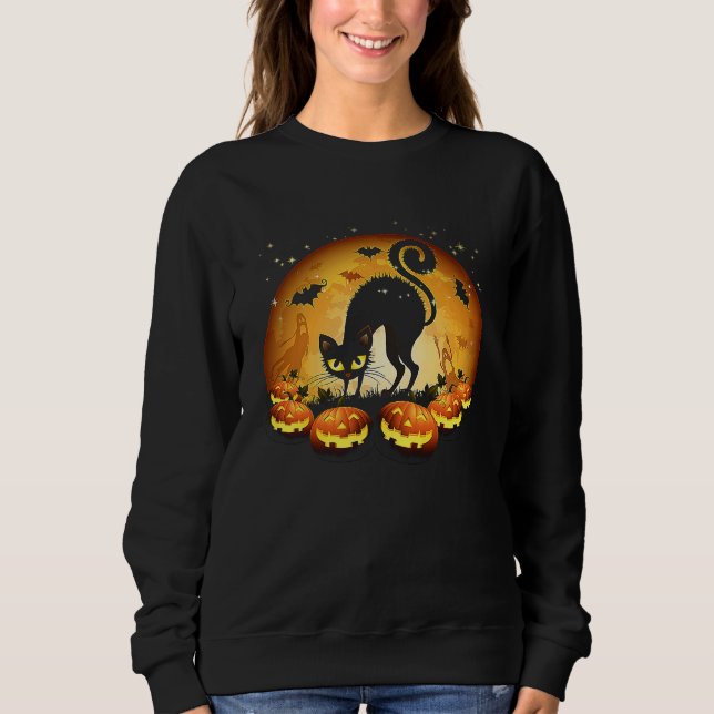 Black Cat Full Moon Scary Pumpkin Halloween T Sweatshirt (Front)