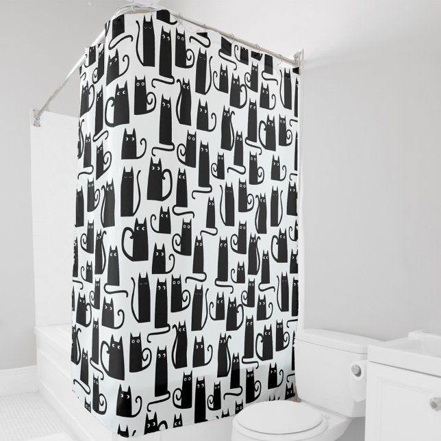 Black Cat Fun Pattern Black and White Shower Curtain (Black cat pattern fun black and white shower curtain)