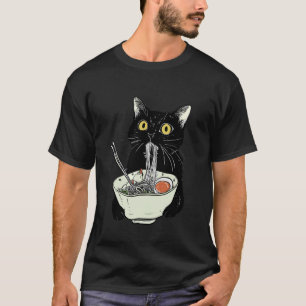 Black Cat Funny Cat Eating Ramen Vintage Japanese T-Shirt