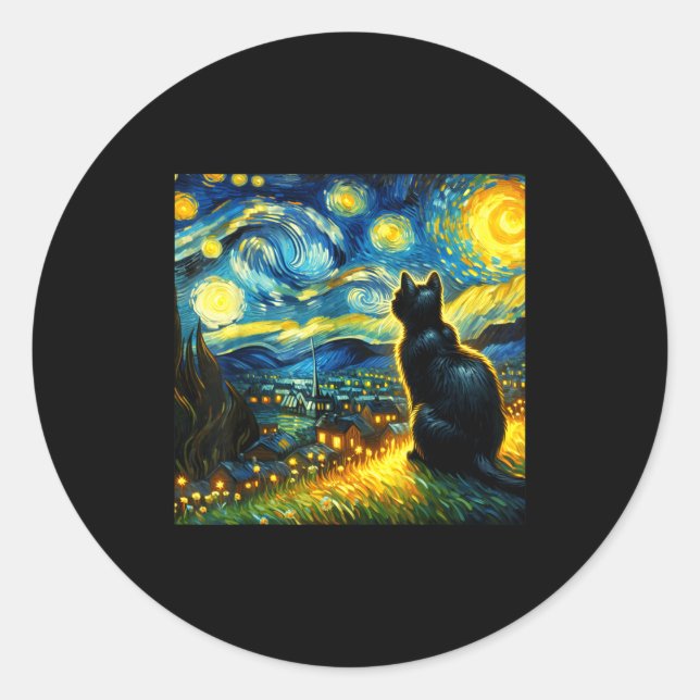 Black Cat Funny Cat Lover Mom Daddy Starry Night V Classic Round Sticker (Front)